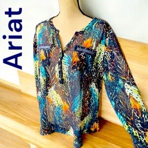 Ariat-women’s medium semi sheer tunic. Hammered steel buttons/zipper detail. EUC